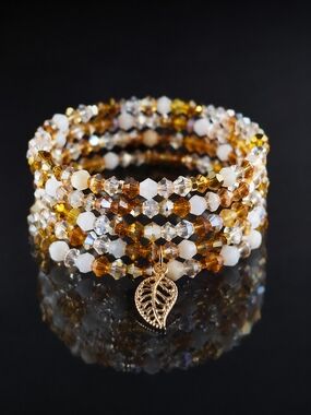Beaded Wrap Bracelet with Leaf Charm Hand Crafted